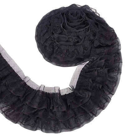 BENECREAT 3-Layer Pleated Chiffon Flower Lace Trim, Polyester Ribbon for Jewelry Making, Garment Accessories, Black, 5-1/8 inch(130mm), about 2.73 Yards(2.5m)/Box