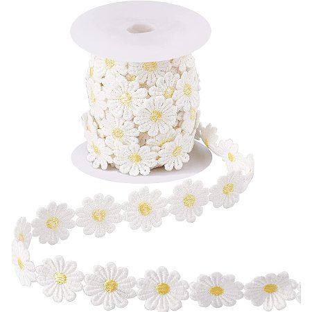 NBEADS 1 Roll 7 Yards Lace Daisy Flower Edging Trim Ribbon, 25mm Wide Polyester Flower Ribbon Appliques with Plastic Spool Sewing Embroidery Crafts for Wedding Dress Clothes Decoration, Yellow