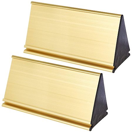 NBEADS 2 Sets Metal Name Plate Holder, 8.4x20cm Double Sided Triangle Aluminum Alloy Golden Name Display Stand for Office Business Desk Sign Plaque Making