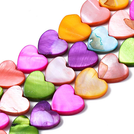 Honeyhandy Natural Freshwater Shell Beads Strands, Dyed, Heart, Mixed Color, 11~12x12~13x3mm, Hole: 0.8mm, about 34~35pcs/strand, 14.96 inch(38cm)