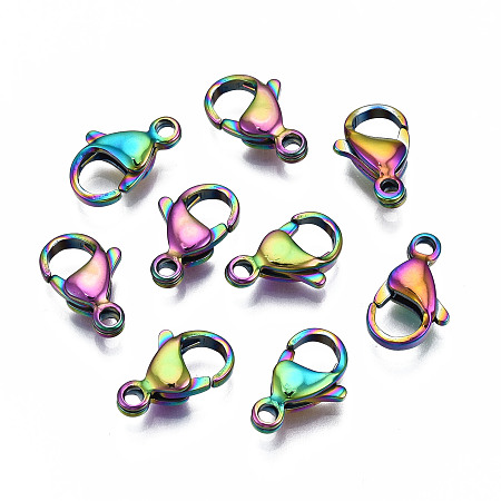 ARRICRAFT Ion Plating(IP) 304 Stainless Steel Lobster Claw Clasps, Rainbow Color, Multi-color, 13x8x4mm, Hole: 1.6mm