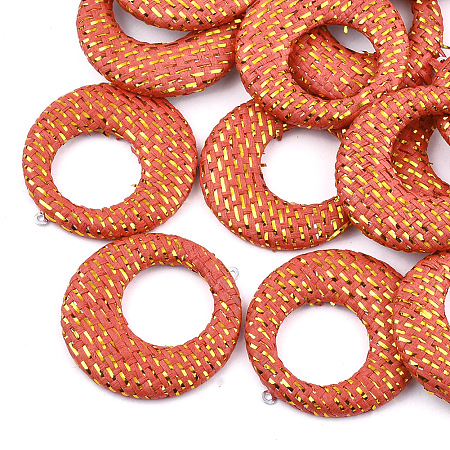 Handmade Raffia Woven Pendants, with Iron & Aluminum Findings and Metallic Cord, Flat Round, Platinum, Orange Red, 43.5x40.5x5mm, Hole: 1.2mm