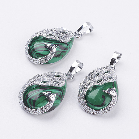 Honeyhandy Synthetic Malachite Pendants, with Brass Finding, Teardrop with Peacock, Platinum, 33x20x10.5mm, Hole: 5x6.5mm