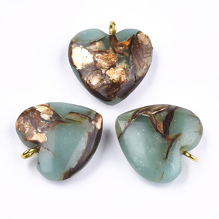 Honeyhandy Assembled Bronzite and Aqua Terra Jasper Pendants, with Iron Findings, Heart, Golden, 20~22x19~20x5~7mm, Hole: 2mm
