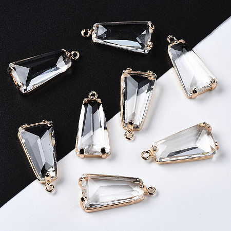 ARRICRAFT Transparent Glass Pendants, with Brass Findings, Long-Lasting Plated, Faceted, Trapezoid, Light Gold, 23.5x11x5mm, Hole: 1.4mm