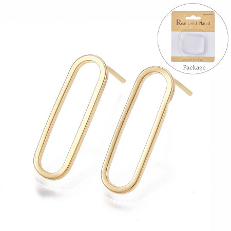 Honeyhandy Brass Stud Earrings, with 925 Sterling Silver Pins, Nickel Free, Real 18K Gold Plated, Oval, 20x6mm, Pin: 0.8mm