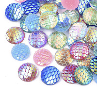 ARRICRAFT Resin Cabochons, AB Color Plated, Flat Round with Mermaid Fish Scale Pattern, Mixed Color, 12x3.5mm