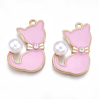 Honeyhandy Alloy Enamel Kitten Pendants, Cadmium Free & Lead Free, with Rhinestone and ABS Plastic Imitation Pearl, Cat with Bowknot Shape, Light Gold, Crystal, Pearl Pink, 30x20x9mm, Hole: 2mm