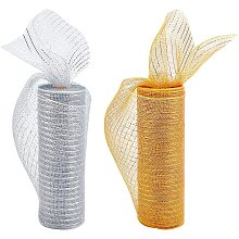 BENECREAT 10 Inch x 30 Feet Metallic Mesh Ribbon 2 Rolls Metallic Poly Tulle Roll for Winter Christmas Wreath Decoration, Gold and Silver