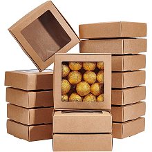 BENECREAT 16Packs 4.2x4.2x1.2inch Clear PVC Square Window Gift Boxes, Brown Kraft Paper Present Boxes for Party Favor Treats, Cookies and Wedding Gift Packaging