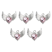 Honeyhandy Rack Plating Alloy Glass Pendants, Cadmium Free & Lead Free & Nickle Free, Platinum, Faceted Heart Charm with Wing, Pink, 20x22x4mm, Hole: 1.8mm