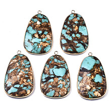 Honeyhandy Assembled Bronzite and Synthetic Turquoise Big Pendants, with Light Gold Plated Brass Edge and Loop, Egg Stone, Turquoise, 51~52x30~31x5~6mm, Hole: 2mm