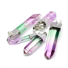 Honeyhandy Natural Quartz Crystal Pointed Pendants, with Iron Findings, Plated Platinum, Nuggets, Dyed, Hot Pink, 30~45x9~14x6~10mm, Hole: 6x3.5mm