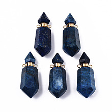 Honeyhandy Faceted Natural Lapis Lazuli Pendants, Openable Perfume Bottle, with Golden Tone Brass Findings, Hexagon, 40~41.5x15x13.5mm, Hole: 1.8mm, Bottle Capacity: 1ml(0.034 fl. oz)