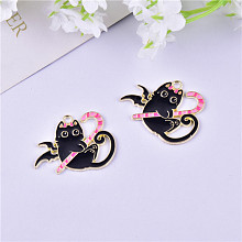 Honeyhandy Halloween Theme Alloy Enamel Pendants, Light Gold Tone Cat Charms, Pearl Pink, 31x24mm