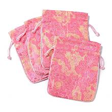 Honeyhandy Chinese Style Silk Drawstring Jewelry Gift Bags, Jewelry Storage Pouches, Lining Random Color, Rectangle with Dragon Pattern, Pink, 15x11.5cm