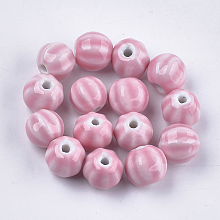 Honeyhandy Handmade Porcelain Beads, Bright Glazed Porcelain, Round, Pink, 11~12x10~11x10~10.5mm, Hole: 2~2.5mm