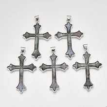 Honeyhandy Black Lip Shell Big Pendants, with Alloy Findings, Cross, Platinum, Black, 68.5x47x4mm, Hole: 8x6mm