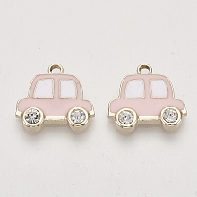 Honeyhandy Alloy Enamel Pendants, with Crystal Rhinestone, Light Gold, Car, Pink, 16.5x17.5x3mm, Hole: 1.6mm