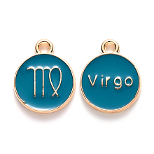 Honeyhandy Alloy Enamel Pendants, Cadmium Free & Lead Free, Flat Round with Constellation, Light Gold, Dark Cyan, Virgo, 15x12x2mm, Hole: 1.5mm