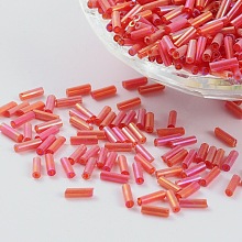 Honeyhandy Transparent Colours Rainbow Glass Bugle Beads, AB Color, FireBrick, 6x1.8mm, Hole: 0.6mm, 1250pcs/50g