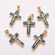 Honeyhandy Freshwater Shell Pendants, with Brass Findings, Cross, Golden, 26x16x2.5mm, Hole: 3.5x5mm