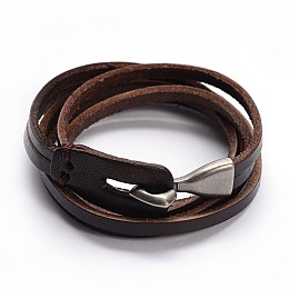 Honeyhandy 3-Loop Cowhide Leather Wrap Bracelets, with Alloy Clasps, Coconut Brown, 23.6 inch(60cm), 5mm