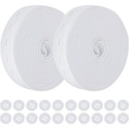 GORGECRAFT 11 Yards White Elastic Bands Spool with Buttonholes Stretch High Elasticity Knit Bands 2 Rolls 0.8 Inch Holes Stretchable Band Rubber Cord Belt with 20PCS Resin Button for Sewing