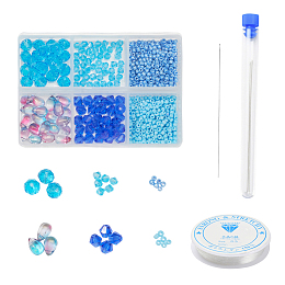 Arricraft DIY Blue Series Jewelry Making Kits, 620Pcs Glass Seed Round & Rondelle Beads, 80Pcs Imitation Austrian Crystal Bicone Beads, 20Pcs Teardrop Glass Charms, Test Tube, Needles, Elastic Crystal Thread, Mixed Color, Beads: 700pcs/set