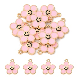 Honeyhandy Alloy Enamel Pendants, Golden, Flower with Smiling Face Charm, Misty Rose, 15x14x2mm, Hole: 1.4mm