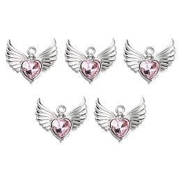 Honeyhandy Rack Plating Alloy Glass Pendants, Cadmium Free & Lead Free & Nickle Free, Platinum, Faceted Heart Charm with Wing, Pink, 20x22x4mm, Hole: 1.8mm