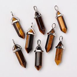 Honeyhandy Natural Tiger Eye Double Terminated Pointed Pendants, with Random Alloy Pendant Hexagon Bead Cap Bails, Bullet, Platinum, 37~40x12mm, Hole: 3mm