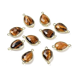 Honeyhandy Natural Tiger Eye Links connectors, with Golden Tone Brass Findings, Teardrop, 22x12x5mm, Hole: 1.6mm