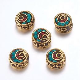 Honeyhandy Handmade Indonesia Beads, with Brass Findings, Nickel Free, Flat Round, Unplated, Green, 12~13x6~7.5mm, Hole: 2mm