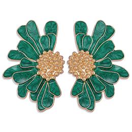 Honeyhandy Vintage Flower Stud Earrings for Women, Alloy Enamel Half Flower Stud Earrings, Summer Earrings Boho Beach Floral Stud Earrings, Jewelry Gifts for Women, Green, 50.5~51x33.5~34mm, Pin: 0.6mm