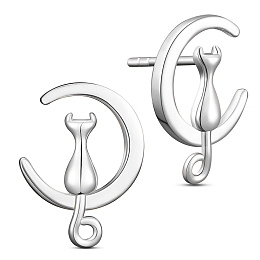 Arricraft Unique Design 925 Sterling Silver Stud Earrings, Half Hoop Earrings, with Kitten and Moon, Platinum, 18.14x13mm