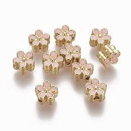 Honeyhandy Brass Enamel Beads, Long-Lasting Plated, Flower, Real 18K Gold Plated, Pink, 7x3.3mm, Hole: 1.6mm