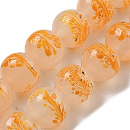 Handmade Lampwork Beads Strands, Round with Leaf, Orange, 12~12.5x11~11.5mm, Hole: 1.2~1.5mm, about 45pcs/strand, 19.96 inch(50.7cm)