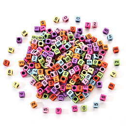 Arricraft Opaque Mixed Colors Acrylic Beads, Cube with Black Number, 6x6x6mm, Hole: 3.5mm, 300pcs/set