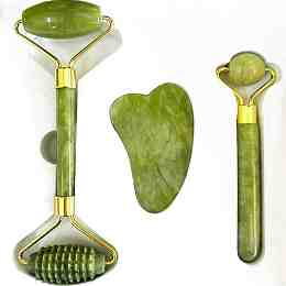 Honeyhandy Natural Jade Therapy Massage Tool Kit, Including Gua Sha Board & Facial Rolloer, Scraping Massage Tools, Green, 145x55mm, 3Pcs/set