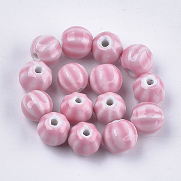 Honeyhandy Handmade Porcelain Beads, Bright Glazed Porcelain, Round, Pink, 11~12x10~11x10~10.5mm, Hole: 2~2.5mm