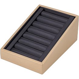 7-Slot Ring Tray Showcase, Wood Ring Storage covered with Brushed PU Leather, Ring Organizer for jewelry with tess cloth inside, Ladder Shape, 4.13 x 6.14 x 2.55 Inches, Gold