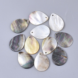 Honeyhandy Black Lip Shell Pendants, Teardrop, Black, 25x19x1~2mm, Hole: 1.6mm