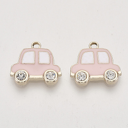 Honeyhandy Alloy Enamel Pendants, with Crystal Rhinestone, Light Gold, Car, Pink, 16.5x17.5x3mm, Hole: 1.6mm