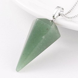 Honeyhandy Cone Pendulum Platinum Tone Brass Green Aventurine Pendants, 39~41x18~19mm, Hole: 5x8mm