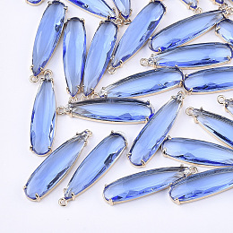 Honeyhandy Transparent Glass Pendants, with Brass Findings, Faceted, Teardrop, Light Gold, Royal Blue, 32x8x4mm, Hole: 1.2mm