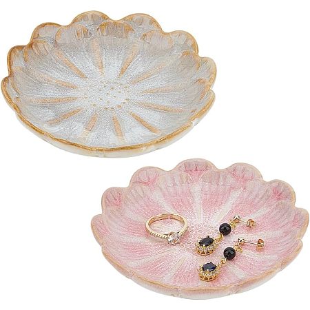NBEADS 2 Pcs Ceramic Jewelry Tray, Lotus Flower Ring Dish Holder Porcelain Trinket Tray Decorative Trinket Plate for Ring Necklace Bracelet Jewelry Watch Key Gift, Whitesmoke/Pink