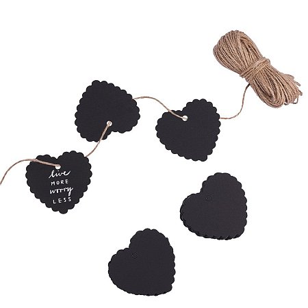 NBEADS 100 Pcs Black Heart Shaped Kraft Paper Cards Gift Favor Tags Price Tags for Wedding Christmas Party Supplies with 20m Hemp Yarn Cord