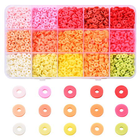 Arricraft 2250Pcs 15 Colors Eco-Friendly Handmade Polymer Clay Beads, Disc/Flat Round, Heishi Beads, Mixed Color, 6x1mm, Hole: 2mm, about 150pcs/color