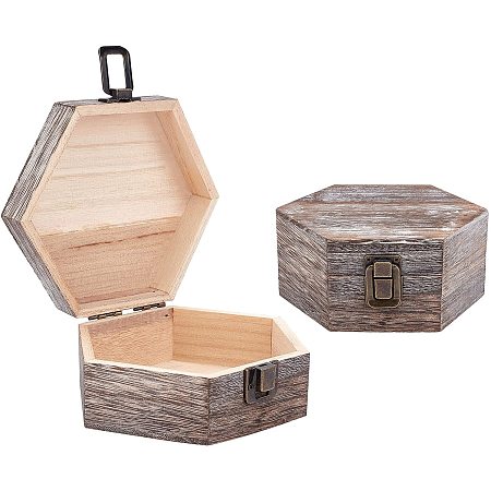 OLYCRAFT 2PCS Natural Wooden Box Hexagon Wooden Box Vintage White Natural Wood Box with Hinged Lid and Front Clasp for Crafting Making Jewelry Box, 5.5x5.8 Inch